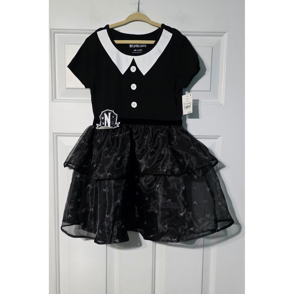 Wednesday Addams Nevermore Academy Dress Girls Size 6/7 Black Tiered Tulle NWT